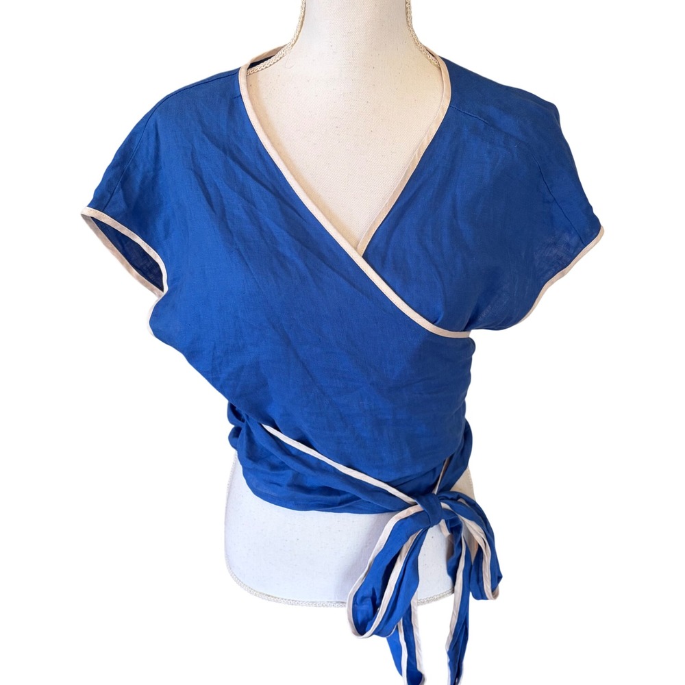 VRG GRL Cobalt Blue 100% Linen Wrap Top Short Sleeve Sz 14 Coastal Beachy Summer